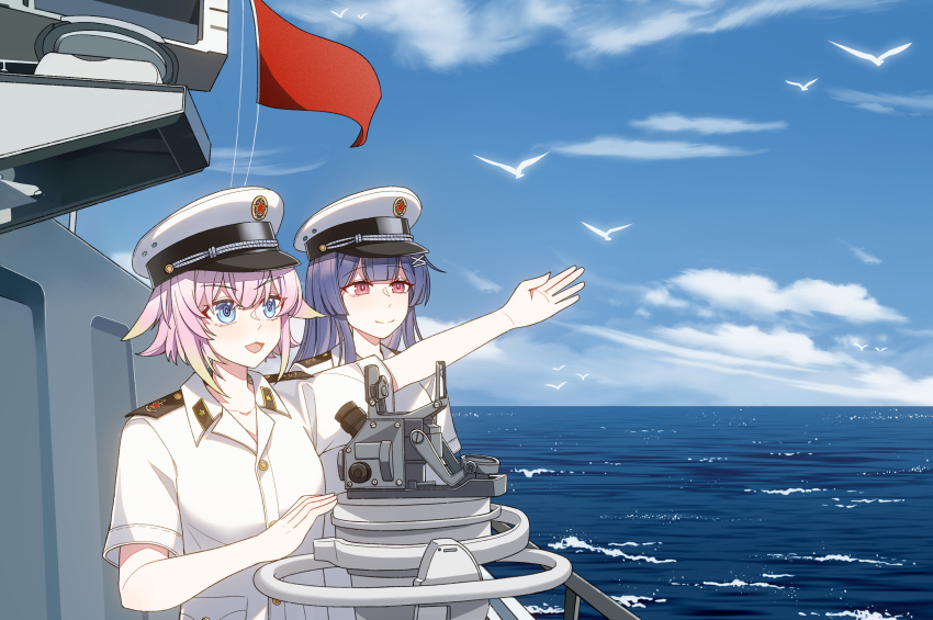 2girls absurdres bird blonde_hair blue_eyes blue_hair blue_sky cloud colored_tips commentary_request conscript96 day gradient_hair hat hat_ornament highres jinan_(warship_girls_r) long_hair military military_hat military_uniform multicolored_hair multiple_girls ocean open_mouth outdoors peaked_cap people&#039;s_liberation_army people&#039;s_liberation_army_navy pink_hair purple_hair red_eyes red_star seagull ship shirt short_hair short_sleeves sky smile star_(symbol) star_hat_ornament warship_girls_r watercraft yingtan_(warship_girls_r)