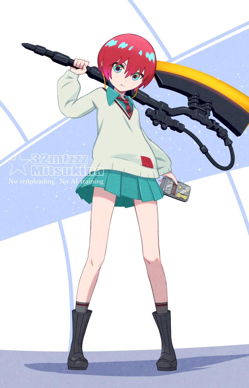 1girl 32zzz amate_yuzuriha aqua_eyes aqua_shirt aqua_skirt artist_logo artist_name axe battle_axe collared_shirt diagonal-striped_clothes diagonal-striped_necktie full_body gundam gundam_gquuuuuux highres holding holding_axe logo long_hair miniskirt necktie over_shoulder pleated_skirt red_hair red_necktie shirt skirt solo striped_clothes striped_necktie sweater watermark weapon weapon_over_shoulder white_sweater