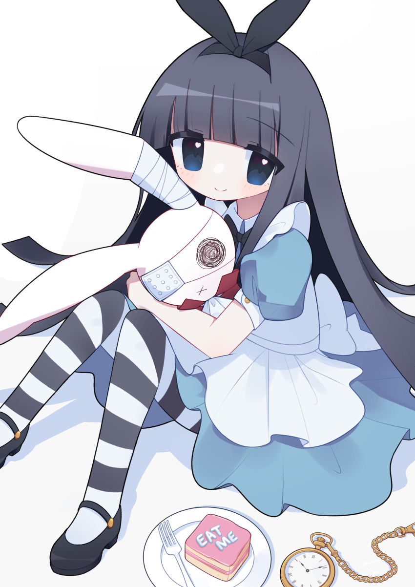 1girl absurdres alice_(alice_in_wonderland) alice_(alice_in_wonderland)_(cosplay) apron ascot bandaged_ear black_bow black_bowtie black_hair black_hairband black_shoes blue_dress blue_eyes blunt_bangs bow bow_hairband bowtie cake cake_slice clock closed_mouth collared_dress cosplay dress eyepatch food fork frilled_apron frills hairband highres holding holding_stuffed_toy hug knees_up light_smile long_hair looking_at_viewer mary_janes medical_eyepatch pantyhose plate puffy_short_sleeves puffy_sleeves risumun shoes short_sleeves simple_background sitting solo straight_hair striped_clothes striped_pantyhose stuffed_animal stuffed_rabbit stuffed_toy subarashiki_hibi takashima_zakuro very_long_hair white_apron white_ascot white_background