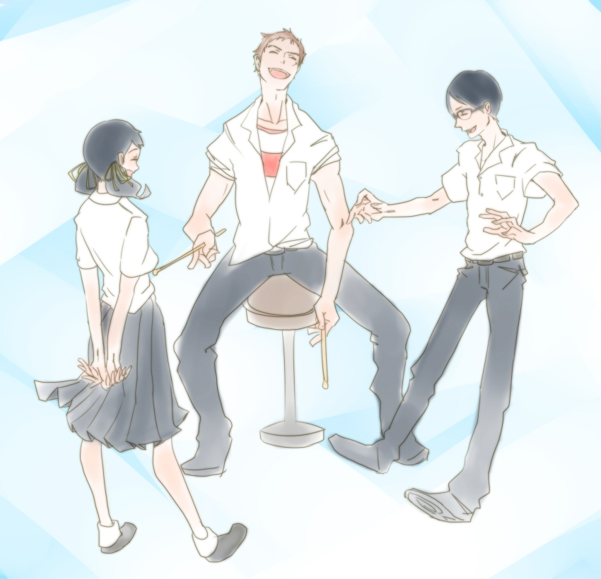 1girl 2boys black_hair blonde_hair blue_background cross_scar drumsticks facial_scar full_body glasses hair_ribbon highres holding holding_drumsticks kawabuchi_sentarou mukae_ritsuko multiple_boys neeharu nishimi_kaoru pants ribbon sakamichi_no_apollon scar scar_on_cheek scar_on_face shirt short_hair short_twintails sitting skirt stool striped_clothes striped_shirt twintails