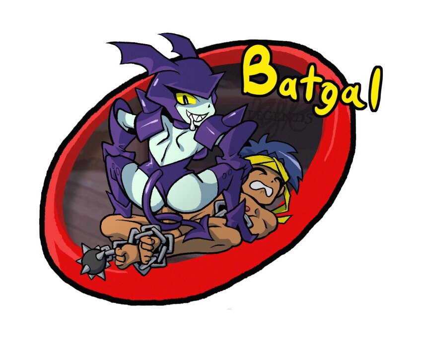 1boy 1girl batgal_(shantae) bdsm bodysuit bolo_(shantae) bondage bondage_male boots bound chain chibi clothed_sex cowgirl_position evil_smile femdom gloves hetero highres latex latex_bodysuit legendsnjk monster_girl nude orgasm_denial sex sharp_teeth smile straddling tail teeth thigh_boots