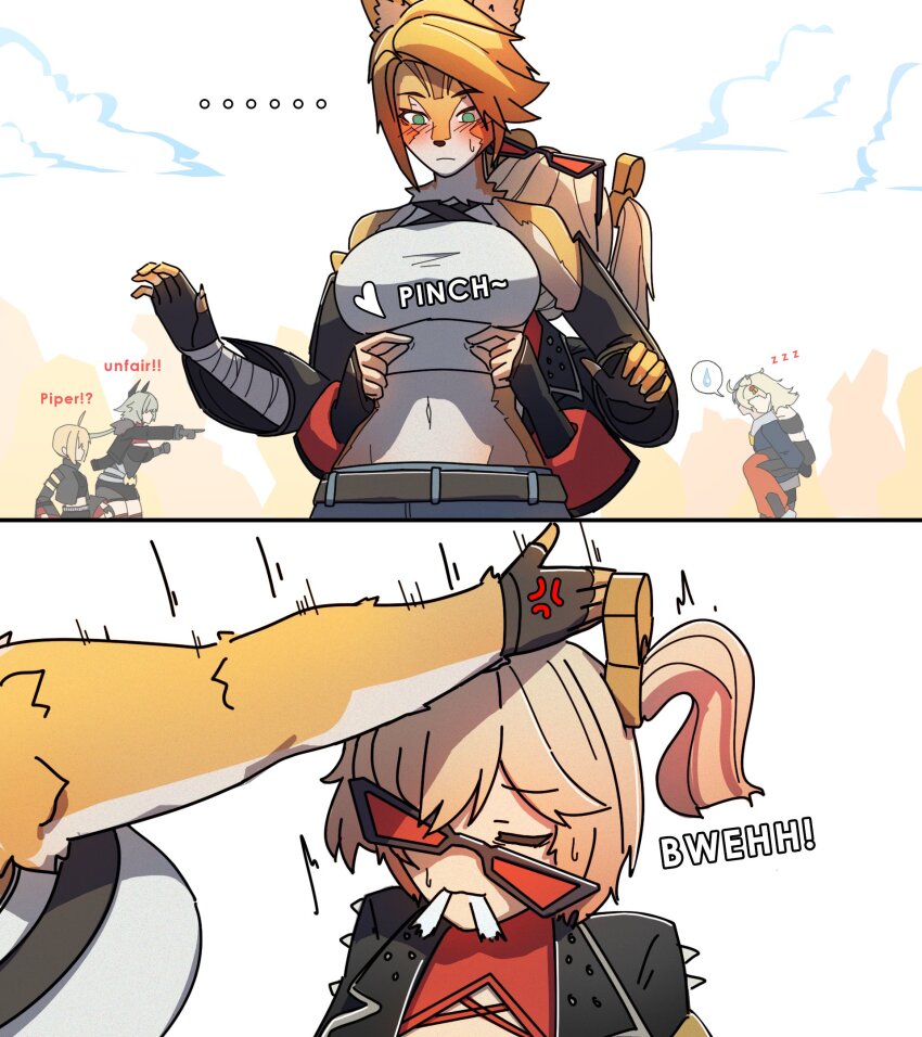 ... 1boy 5girls anger_vein arms_around_neck breasts burnice_white caesar_king_(zenless_zone_zero) carrying dorahdew english_text female_pervert furry furry_female highres large_breasts luciana_de_montefio multiple_girls pervert piggyback pinching piper_wheel pointing pulchra_fellini spit_take spitting sunglasses wise_(zenless_zone_zero) zenless_zone_zero