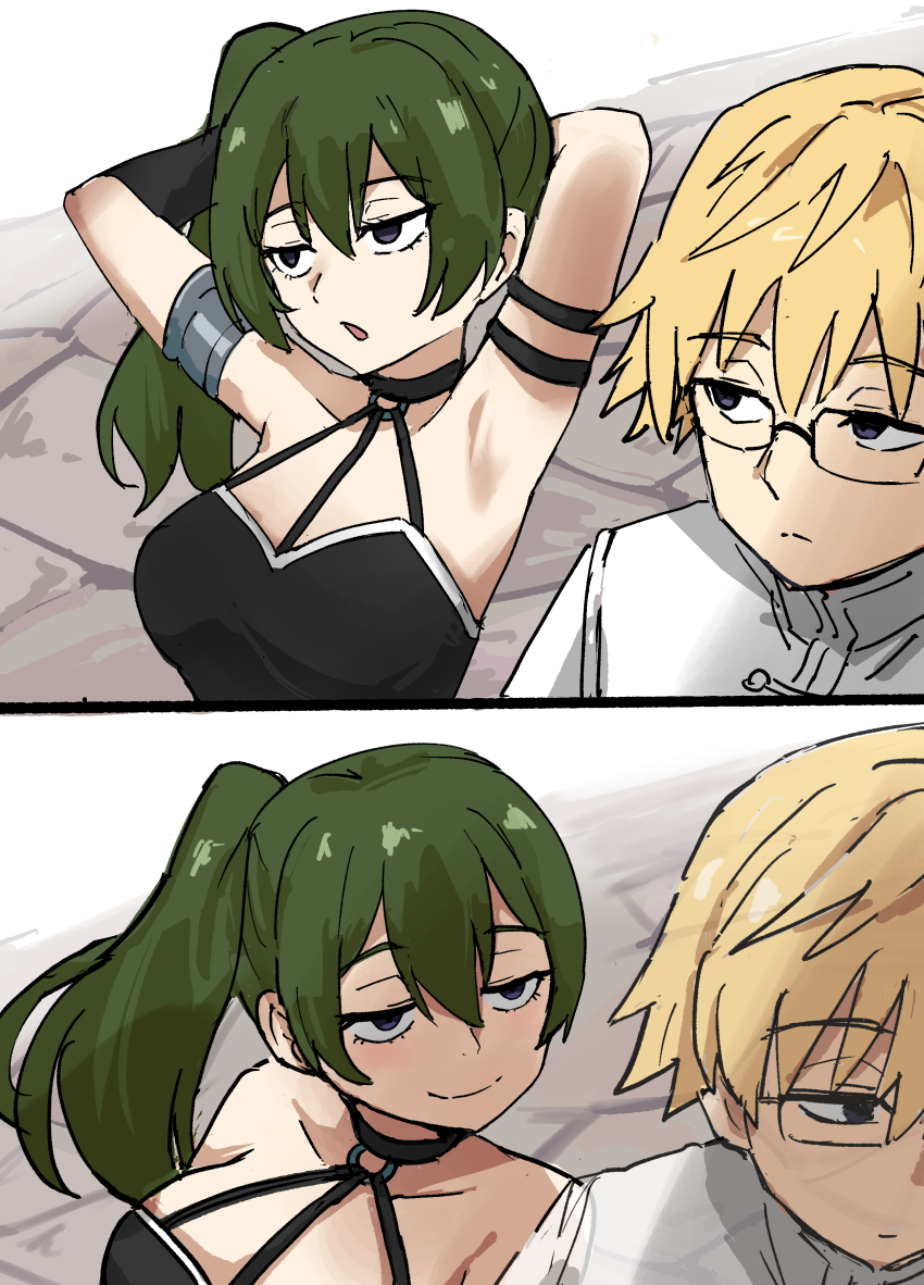 1boy 1girl absurdres arm_strap armlet armpits arms_behind_head arms_up black_choker blonde_hair choker commentary_request glasses green_hair highres jewelry jitome land_(sousou_no_frieren) looking_at_another o-ring o-ring_choker purple_eyes side_ponytail sitting smile sousou_no_frieren tenten_(chan4545) ubel_(sousou_no_frieren) upper_body