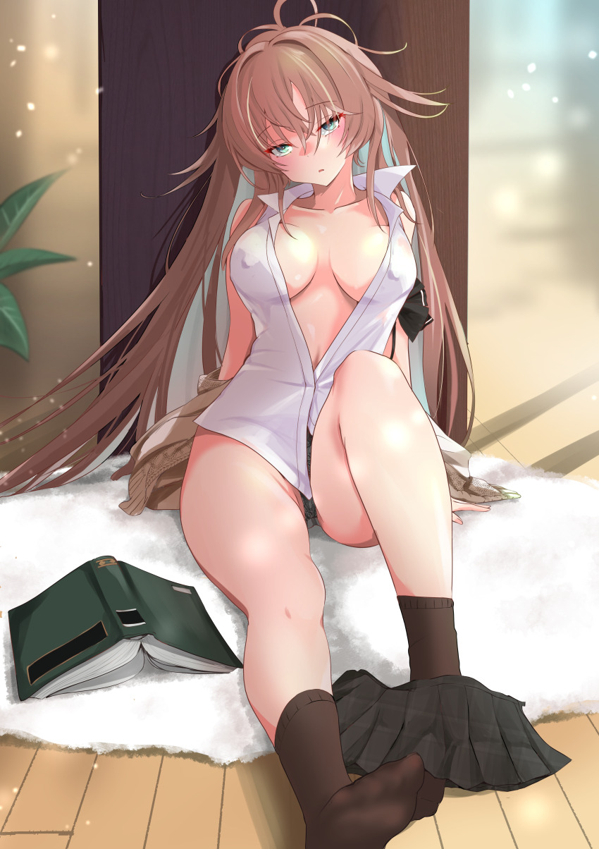 1girl absurdres arm_support azur_lane bare_shoulders black_panties black_skirt book breasts brown_hair brown_socks carpet collarbone covered_erect_nipples green_eyes hair_between_eyes hand_rest highres impero_(azur_lane) impero_(languid_librarian)_(azur_lane) large_breasts leaf light_blush long_hair looking_at_viewer navel no_bra no_pants no_shoes official_alternate_costume on_floor p.i.t.d panties parted_lips partially_unbuttoned pleated_skirt shirt sitting skirt unworn_skirt sleeveless sleeveless_shirt socks solo sweater underwear white_shirt wooden_floor