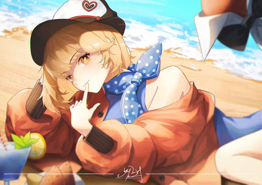 1girl absurdres apple apple_(reverse:1999) beach black_bow black_bowtie blonde_hair blue_dress blue_neckerchief bow bowtie dress drink finger_to_mouth food fruit hands_up hat head_rest highres index_finger_raised jacket looking_at_viewer lying neckerchief newsboy_cap ocean on_side orange_eyes polka_dot_necktie procreate_(medium) red_jacket regulus_(reverse:1999) reverse:1999 sand short_hair single_bare_shoulder single_off_shoulder sleeveless sleeveless_dress smile solo traditional_bowtie upper_body yyby