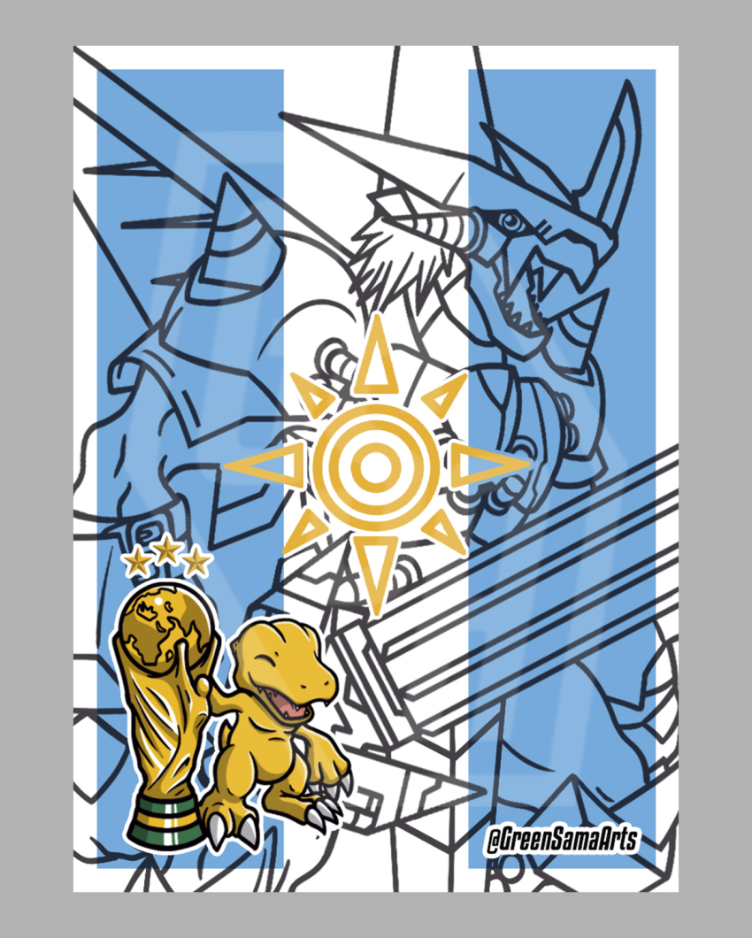 agumon argentina claws crests_(digimon) digimon digimon_(creature) happy highres smile trophy victorygreymon world_cup