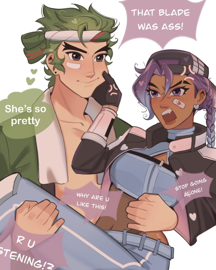 1boy 1girl anger_vein angry arguing backwards_hat bandaid bandaid_on_face baseball_cap black_gloves black_hair black_jacket blue_pants blue_sports_bra blush brown_eyes carrying carrying_person cheek_pinching cleavage_cutout closed_mouth clothing_cutout couple cropped_jacket dark-skinned_female dark_skin english_text eyebrow_cut fang fishnet_leotard fishnets genji_(overwatch) gloves hat headband heart hetero highres interracial jacket kaiwankon leotard leotard_under_clothes open_clothes open_jacket open_mouth overwatch pants pinching princess_carry purple_eyes purple_hair simple_background slay_star_sombra smile sombra_(overwatch) sparrow_genji speech_bubble sports_bra thought_bubble white_background