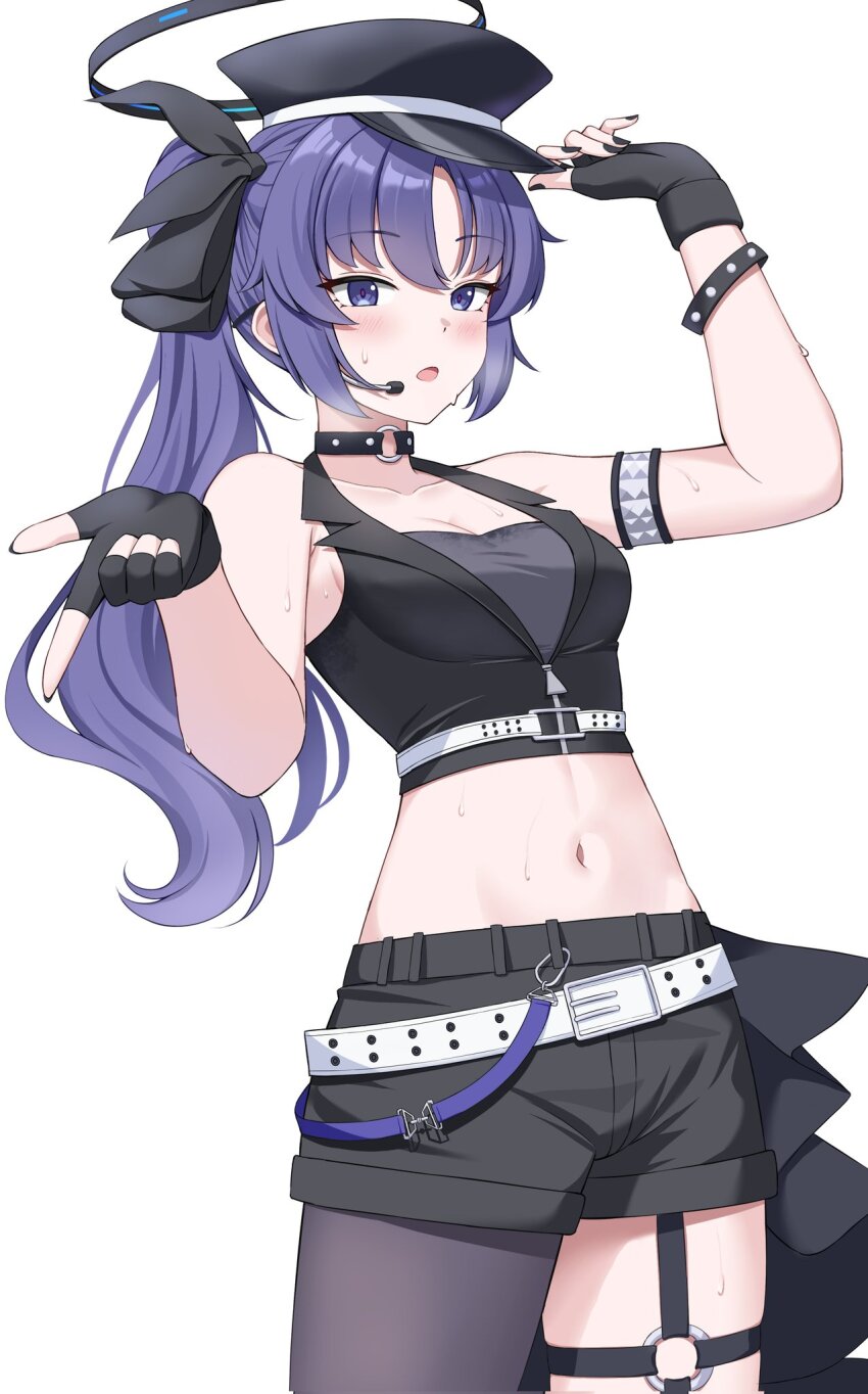1girl black_halo blue_archive choker cosplay halo highres kyujuukyu mechanical_halo navel o-ring o-ring_choker pantyhose ponytail purple_eyes purple_hair serika_(blue_archive) serika_(blue_archive)_(cosplay) serika_(idol)_(blue_archive) simple_background solo sweat white_background yuuka_(blue_archive)