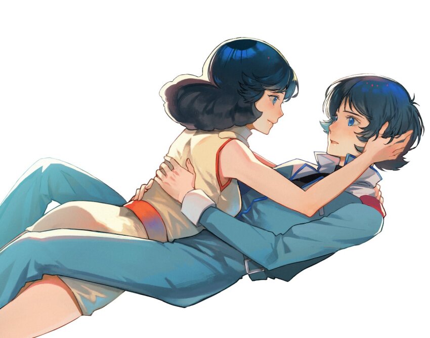 1boy 1girl blue_eyes blue_hair blue_jumpsuit breasts closed_mouth commentary couple dress eye_contact fa_yuiry feet_out_of_frame from_side gundam hand_on_another&#039;s_head hetero jumpsuit kamille_bidan kasumi_(skchkko) looking_at_another medium_breasts medium_hair parted_lips profile short_hair simple_background sleeveless sleeveless_dress smile white_background yellow_dress zeta_gundam