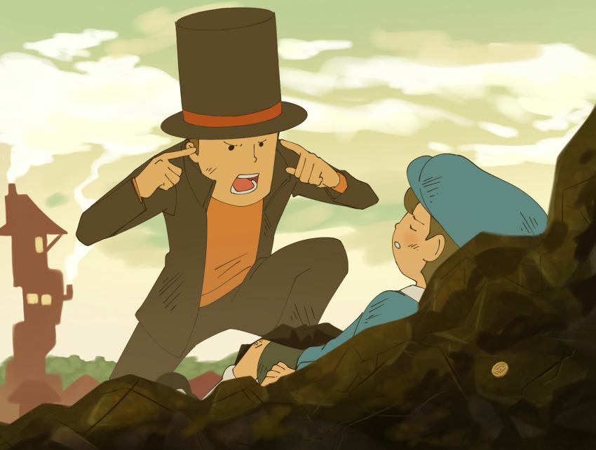2boys barley_juice black_headwear black_jacket black_pants blue_headwear blue_shirt newsboy_cap closed_eyes cloud commentary day english_commentary full_body green_sky hat hershel_layton highres invincible_(series) jacket looking_at_another luke_triton meme multiple_boys open_clothes open_jacket open_mouth orange_shirt outdoors pants professor_layton ruins shirt sky smoke teeth think_mark_think!_(meme) top_hat