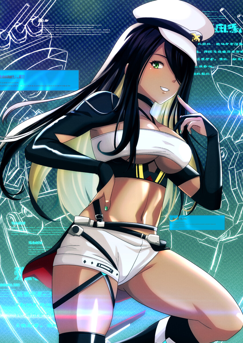 1girl asymmetrical_legwear asymmetrical_shorts azur_lane black_choker black_hair black_socks blonde_hair breasts bridal_gauntlets choker cleavage colored_inner_hair commentary_request cowboy_shot dark-skinned_female dark_skin green_eyes green_nails grin hair_over_one_eye halterneck hand_on_own_hip hand_up hat highres kneehighs large_breasts long_hair looking_at_viewer midriff military_hat multicolored_hair murasaki_tsutsuji navel northampton_(azur_lane) northampton_ii_(azur_lane) rigging short_shorts shorts single_kneehigh single_sock single_thighhigh skindentation smile socks solo standing standing_on_one_leg strapless teeth thighhighs tube_top two-tone_hair underboob very_long_hair waist_cape white_hat white_shorts white_tube_top