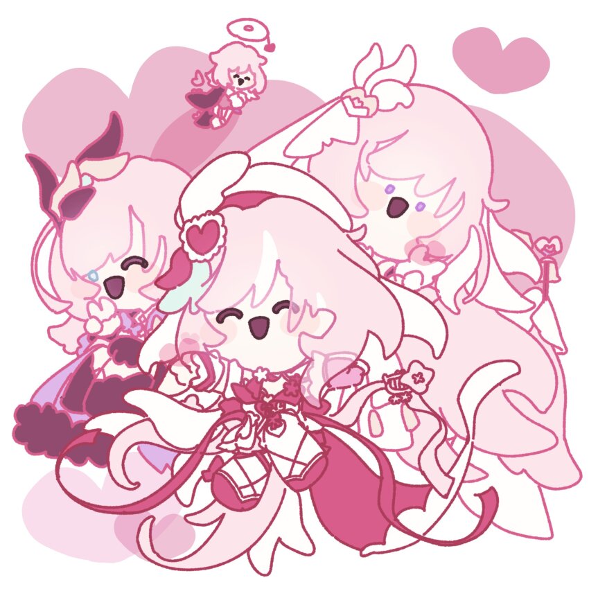 4girls blue_eyes closed_eyes commentary_request dress elf_elysia elysia_(herrscher_of_human:_ego)_(honkai_impact) elysia_(hi_love_elf)_(honkai_impact) elysia_(honkai_impact) elysia_(miss_pink_elf)_(honkai_impact) esther_412 hair_ornament highres honkai_(series) honkai_impact_3rd korean_commentary looking_at_viewer multiple_girls multiple_persona one_eye_closed open_mouth pink_hair pink_theme purple_eyes smile v white_dress