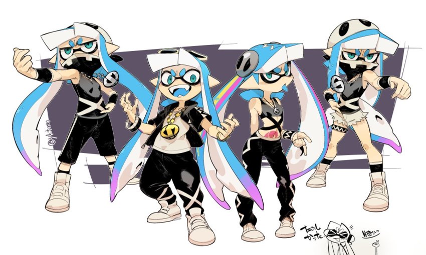 &gt;:d &gt;:p &gt;_&lt; 4girls :d :o :p alternate_costume bad_id bad_twitter_id cosplay full_body guzma_(pokemon) guzma_(pokemon)_(cosplay) inkling inkling_girl inkling_player_character mojaranmo multiple_girls nintendo open_mouth plumeria_(pokemon) plumeria_(pokemon)_(cosplay) pokemon pokemon_sm simple_background smile splatoon_(series) splatoon_1 standing team_skull team_skull_(cosplay) team_skull_grunt team_skull_grunt_(cosplay) tongue tongue_out v-shaped_eyebrows white_background