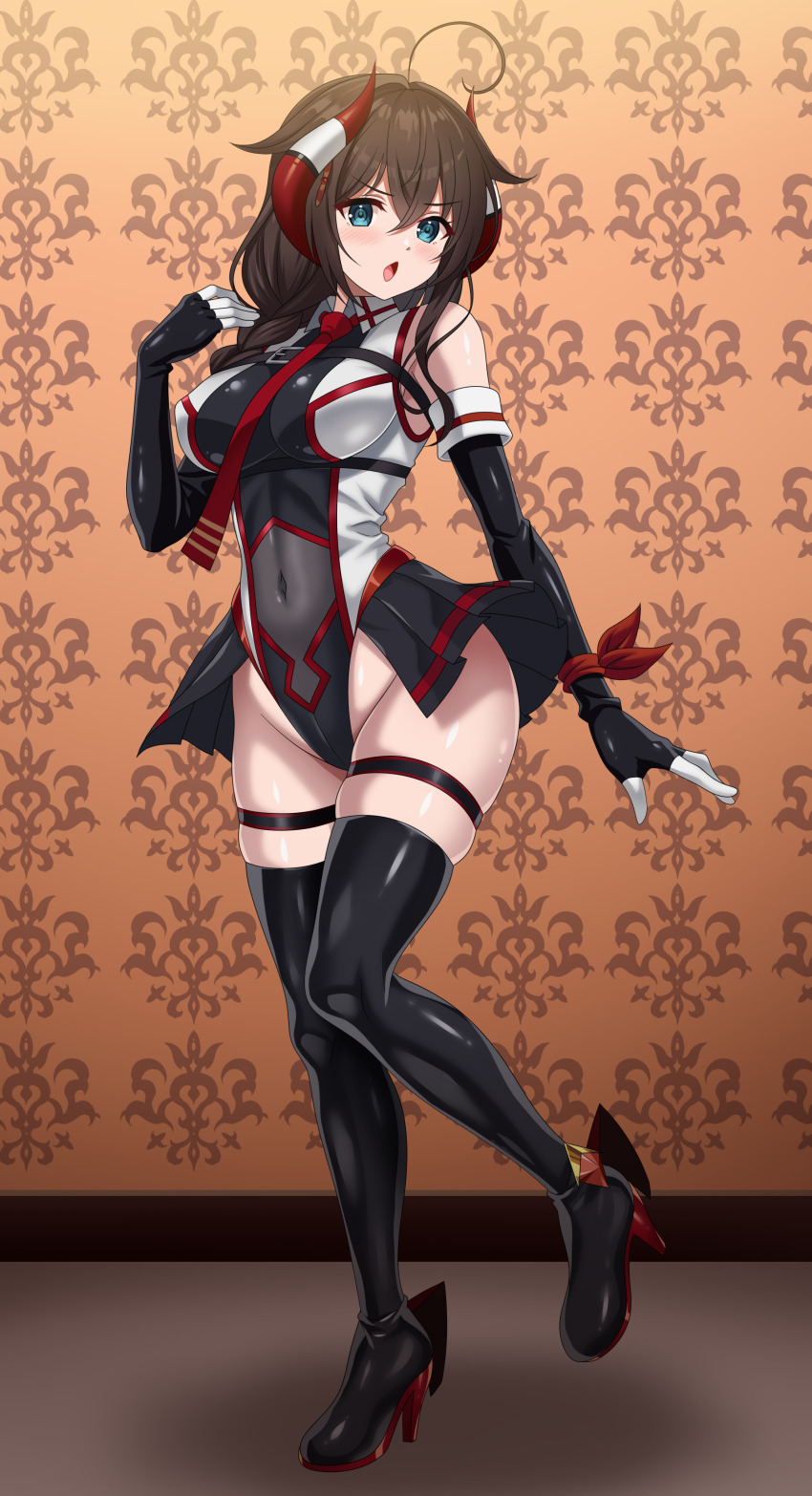 1girl absurdres adapted_costume ahoge black_leotard black_thighhighs blue_eyes blush boots braid breasts brown_hair commentary_request elbow_gloves full_body gloves hair_between_eyes hair_flaps hair_over_shoulder highres indoors kantai_collection large_breasts leotard long_hair looking_at_viewer necktie red_necktie shigure_(kancolle) shigure_kai_san_(kancolle) shinsou_seiki_elementia shiny_clothes single_braid sirano smile solo thighhighs