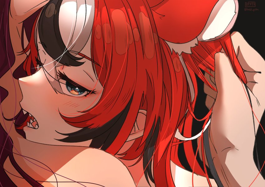 2girls absurdres animal_ears bare_shoulders biting blue_eyes blush from_behind grabbing_another&#039;s_hair hair_between_eyes hakos_baelz highres hololive hololive_english irys_(hololive) l_yth long_hair looking_at_viewer mouse_ears mouse_girl multicolored_hair multiple_girls neck open_mouth out_of_frame red_hair sharp_teeth simple_background teeth upper_body virtual_youtuber yuri