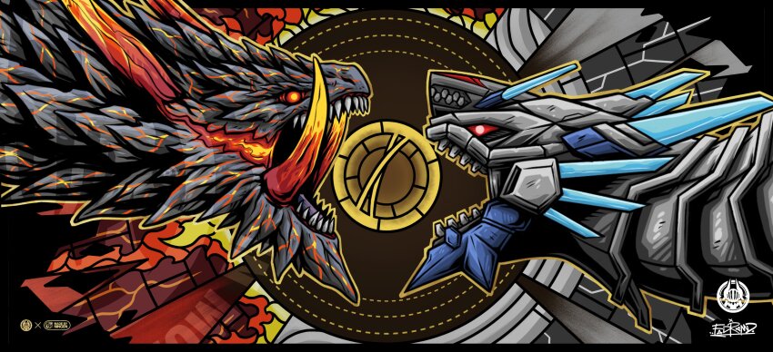 absurdres digimon digimon_(creature) dragon highres looking_at_another metallicdramon red_eyes robot sharp_teeth teeth tusks volcanicdramon