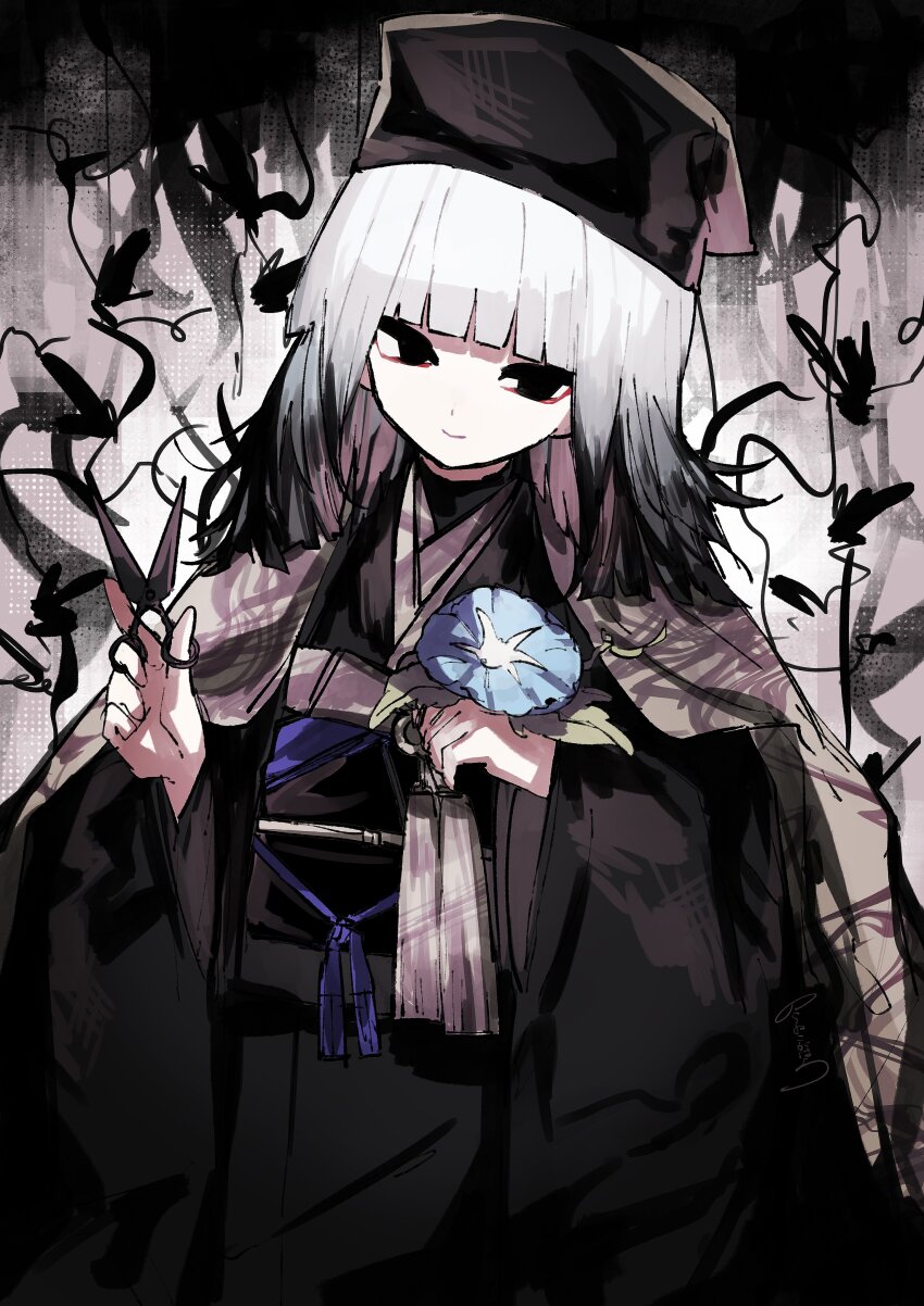 1girl abstract_background absurdres black_background black_eyes black_hair black_kimono blue_flower blunt_bangs chajinbou closed_mouth colored_tips commentary_request cowboy_shot fate/grand_order fate_(series) flower half-closed_eyes hand_up hands_up haori_on_shoulders highres holding holding_flower holding_scissors ink japanese_clothes kimono long_sleeves looking_at_viewer medium_hair morning_glory multicolored_hair noranekogahara obi obijime sash scissors sen_no_rikyu_(fate) sen_no_rikyu_(second_ascension)_(fate) smile solo standing two-tone_background white_background white_hair wide_sleeves