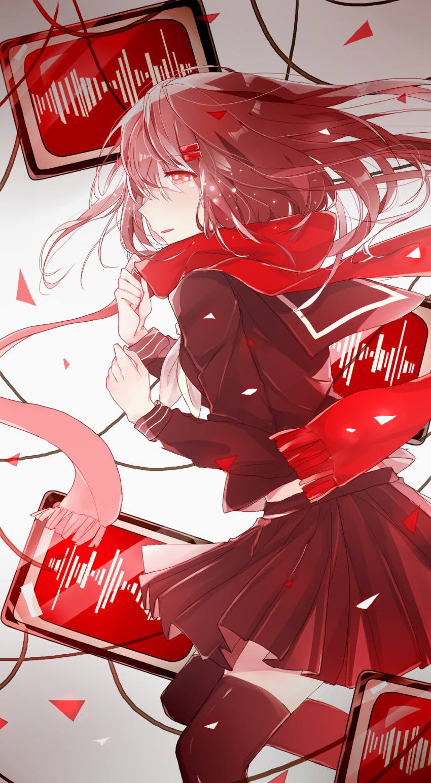 1girl black_serafuku black_shirt black_skirt black_socks brown_hair cable enpera gradient_scarf graphic_equalizer hair_between_eyes hair_ornament hairpin highres kagerou_project long_hair long_sleeves looking_away mekakucity_actors monitor multiple_hairpins neckerchief pleated_skirt red_eyes red_scarf red_theme scarf school_uniform serafuku shirt skirt socks string tateyama_ayano white_neckerchief