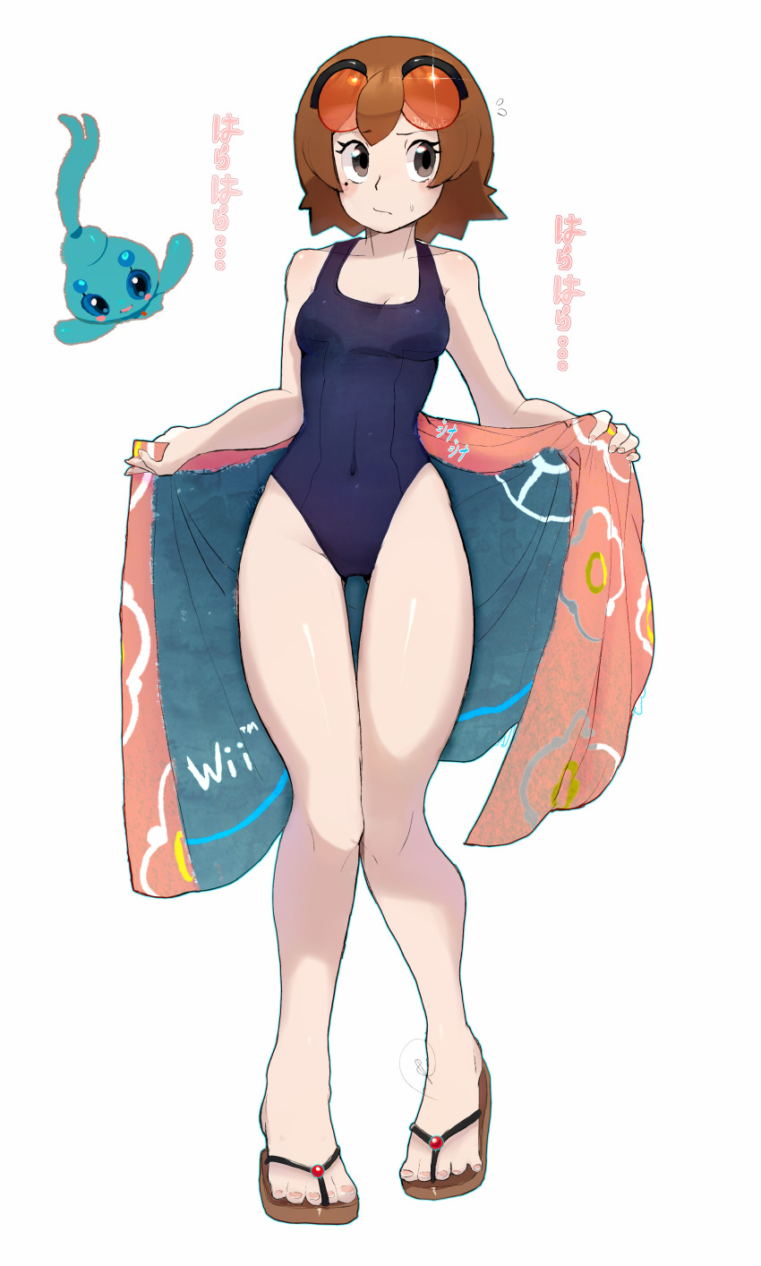 1girl absurdres black-framed_eyewear black_one-piece_swimsuit breasts brown_eyes brown_hair brown_sandals cleavage closed_mouth covered_navel eyelashes gen_4_pokemon hayley_(pokemon) highres holding holding_towel knees medium_hair mixed-language_commentary my_pokemon_ranch mythical_pokemon nintendo one-piece_swimsuit orange-tinted_eyewear phione pokemon pokemon_(creature) print_towel ragou2niko sandals standing sunglasses swimsuit tinted_eyewear toes towel translation_request