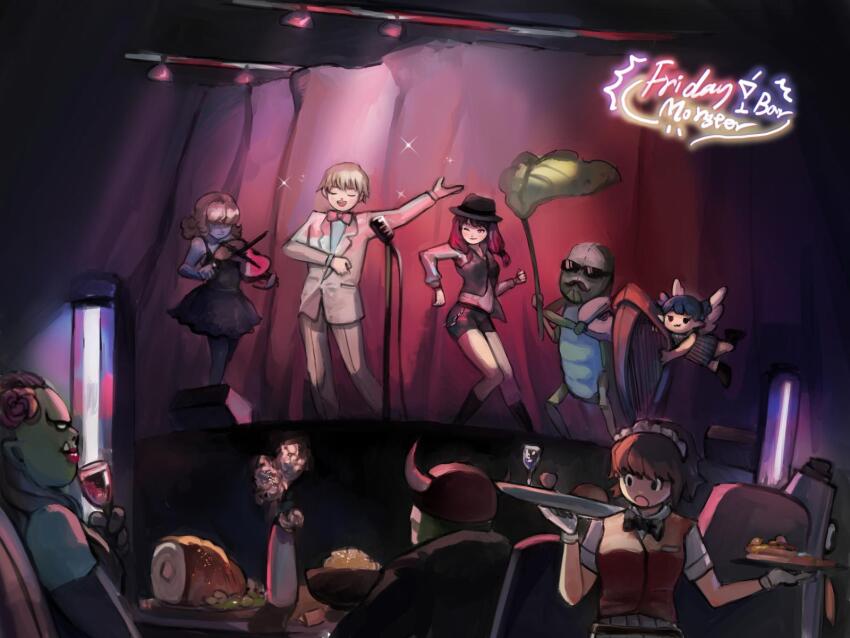 2boys 5girls :3 alcohol aliza_(ragnarok_online) alphoccio_basil alternate_costume bar_(place) black_bow black_bowtie black_dress black_hair black_hat black_shorts black_vest blazer blonde_hair boned_meat bow bow_(music) bowtie brown_hair brown_vest closed_mouth collared_shirt commentary contemporary cup dress drinking_glass english_commentary fake_horns fedora female_orc flower food full_body gloves hair_over_one_eye harp hat helmet highres holding holding_bow_(music) holding_instrument holding_tray holding_violin horned_helmet horns indoors instrument jacket karakasa_(ragnarok_online) karakasa_obake lady_solace leaf_umbrella long_hair looking_at_another maid_headdress meat microphone microphone_stand multiple_boys multiple_girls music neon_lights one_eye_closed open_mouth orc orc_lady_(ragnarok_online) orc_warrior_(ragnarok_online) pants pink_bow pink_bowtie playing_instrument purple_umbrella ragnarok_online rocker_(ragnarok_online) shirt short_hair shorts smile sparkle spotlight sunglasses supersneeze tray trentini tusks twintails umbrella upper_body vase vest violin violy waitress white_flower white_gloves white_jacket white_pants white_shirt wine wine_glass