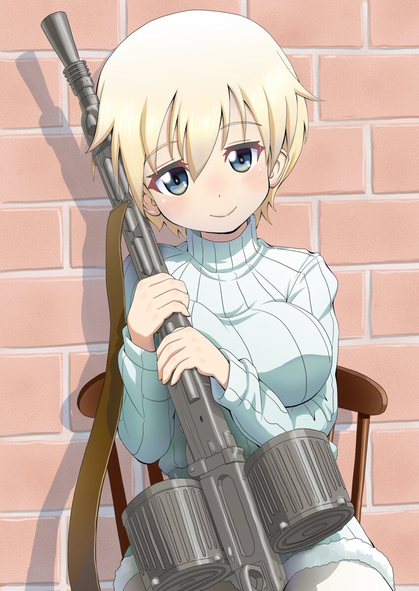 1girl blonde_hair blue_eyes blue_sweater blush brave_witches breasts brick_wall chair gun highres holding holding_gun holding_weapon large_breasts looking_at_viewer machine_gun mg42 nikka_edvardine_katajainen on_chair orokana_nekku_guusu pantyhose short_hair sitting smile solo sweater turtleneck upper_body weapon white_pantyhose world_witches_series
