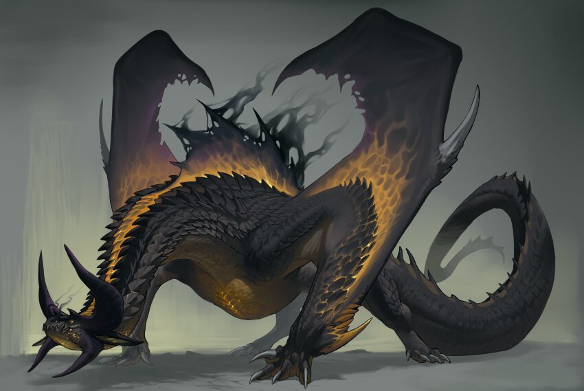 absurdres animal_focus burnt claws devilman1480 dragon full_body highres horns monster no_humans original smoke solo tail wings wyvern