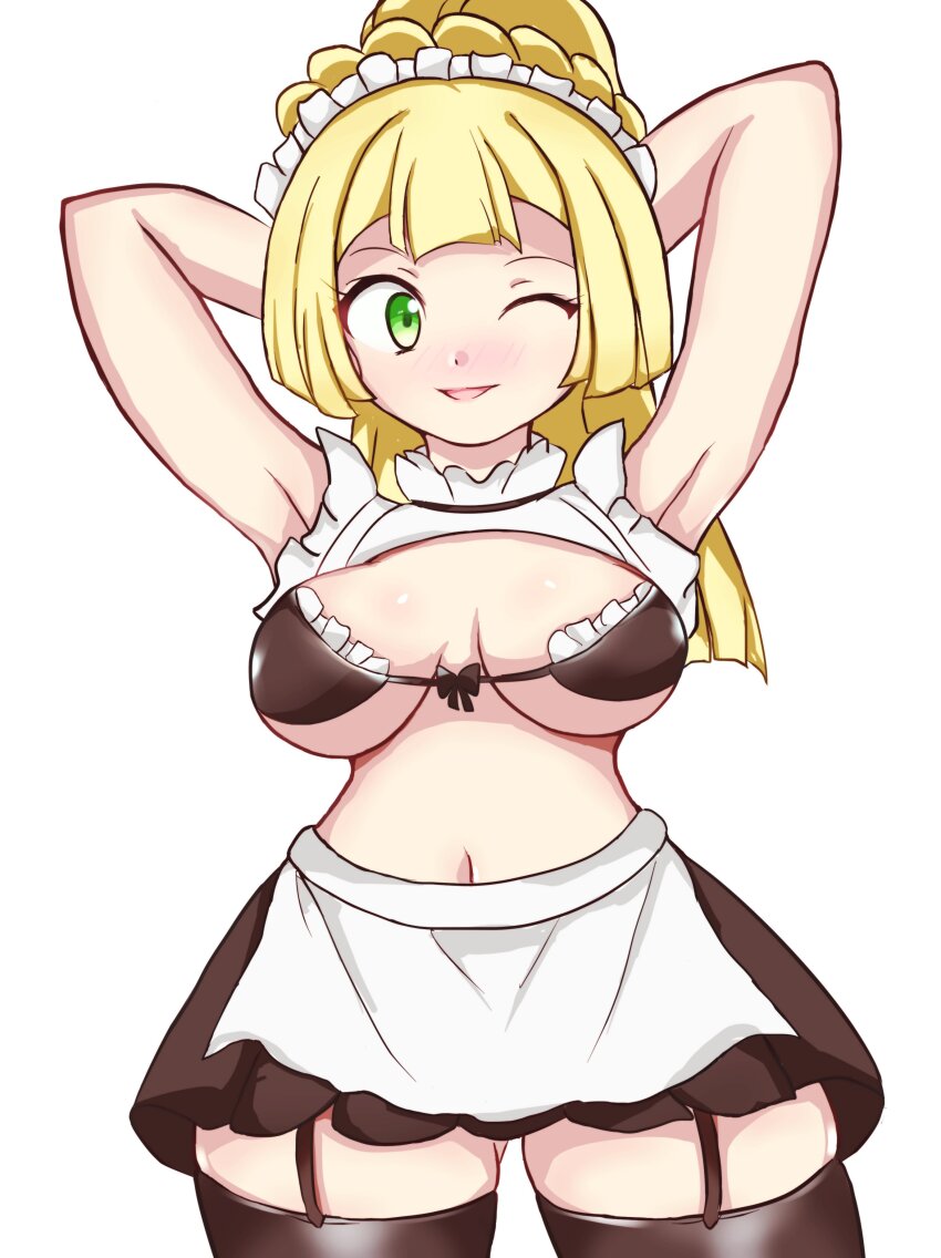 absurdres alternate_costume blonde_hair breasts enmaided green_eyes highres lillie_(pokemon) maid medium_breasts nintendo pokemon pokemon_sm retori_tori solo