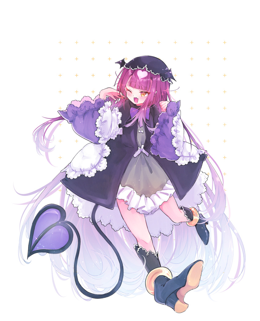 1girl 3_(8315684) absurdres black_boots black_dress black_hat blush boots bow bowtie child dot_nose dress female_focus frilled_dress frills full_body grey_dress hands_up hat head_wings high_heel_boots high_heels highres jumping long_hair long_sleeves looking_at_viewer maou-jou_de_oyasumi multicolored_boots multicolored_dress one_eye_closed open_mouth purple_bow purple_bowtie purple_dress purple_hair simple_background smile solo succyun tail two-tone_boots very_long_hair white_background white_dress wide_sleeves wings yellow_boots yellow_eyes