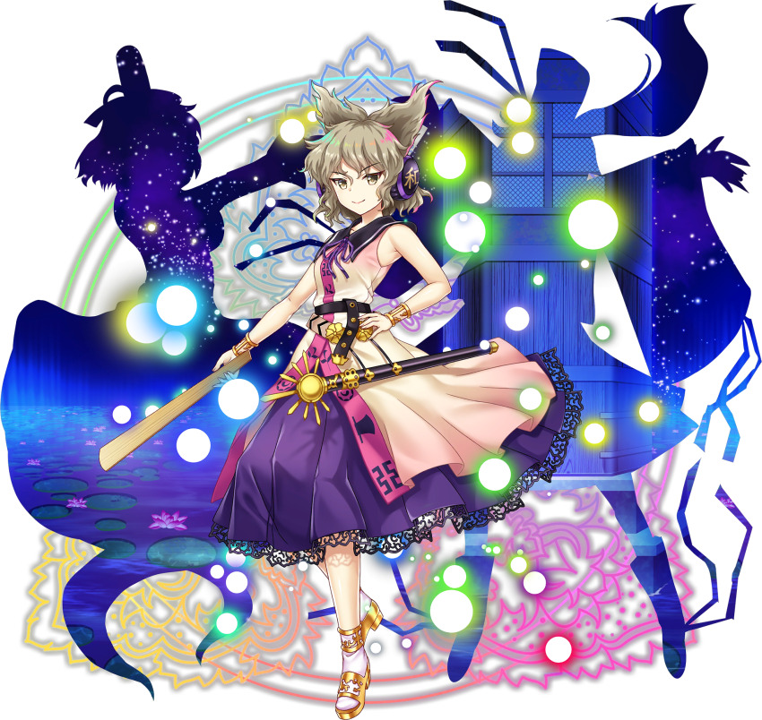 1girl belt blonde_hair bracelet closed_mouth dress earmuffs flower full_body game_cg gold_sandals hand_on_own_hip highres holding jewelry lace lace-trimmed_skirt lace_trim lily_pad looking_at_viewer mononobe_no_futo neck_ribbon official_art pointy_hair purple_ribbon purple_skirt ribbon ritual_baton rotte_(1109) sandals sheath sheathed shirt short_hair silhouette skirt sleeveless sleeveless_shirt smile socks soga_no_tojiko solo sword ten_desires third-party_source touhou touhou_lostword toyosatomimi_no_miko toyosatomimi_no_miko_(desires) transparent_background water_lily_flower weapon white_socks yellow_eyes