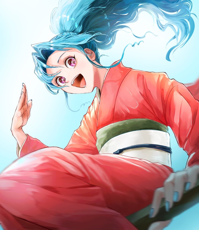 1girl :d blue_background blue_hair blurry blurry_foreground botan_(yu_yu_hakusho) broom broom_riding commentary_request high_ponytail highres japanese_clothes kimono long_hair looking_at_viewer open_mouth pink_eyes ponytail smile solo supi_tv teeth yuu_yuu_hakusho