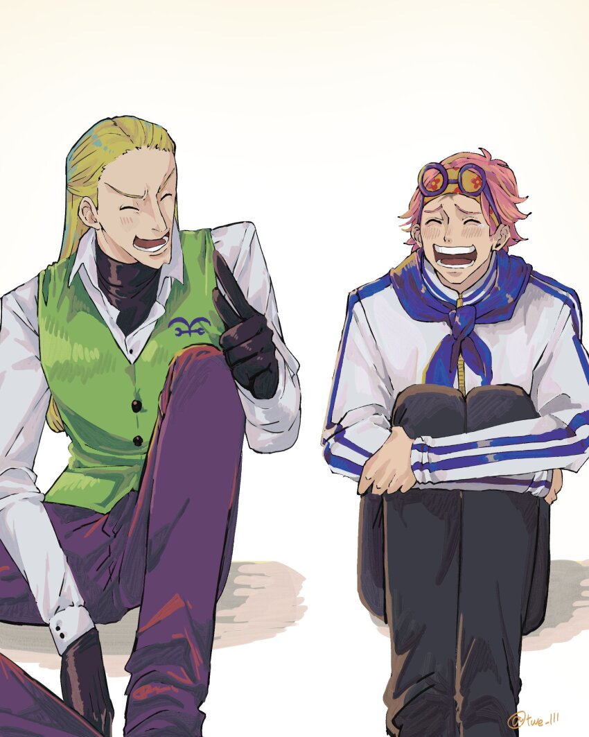 2boys ^_^ absurdres black_gloves blonde_hair blue_neckerchief closed_eyes eyewear_on_head gloves green_vest hair_slicked_back headband helmeppo highres koby_(one_piece) male_focus multiple_boys neckerchief one_piece open_mouth pants pink_hair purple_pants simple_background turtleneck twe_111 vest