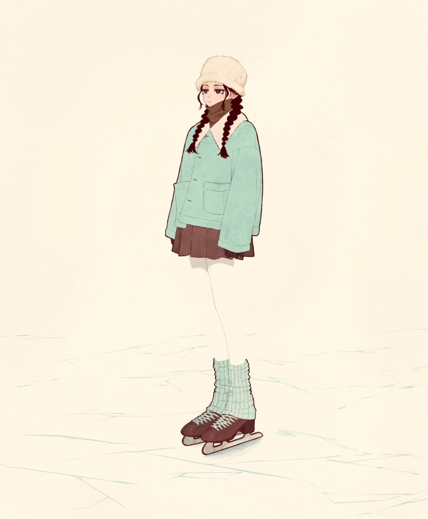 1girl aqua_coat aqua_socks black_eyes blending braid brown_gloves brown_shoes brown_skirt brown_sweater coat expressionless gloves hat highres original pantyhose shadow shoes skates skirt sleeves_past_wrists socks solo sweater syooooyoooo twin_braids white_background white_hat white_pantyhose