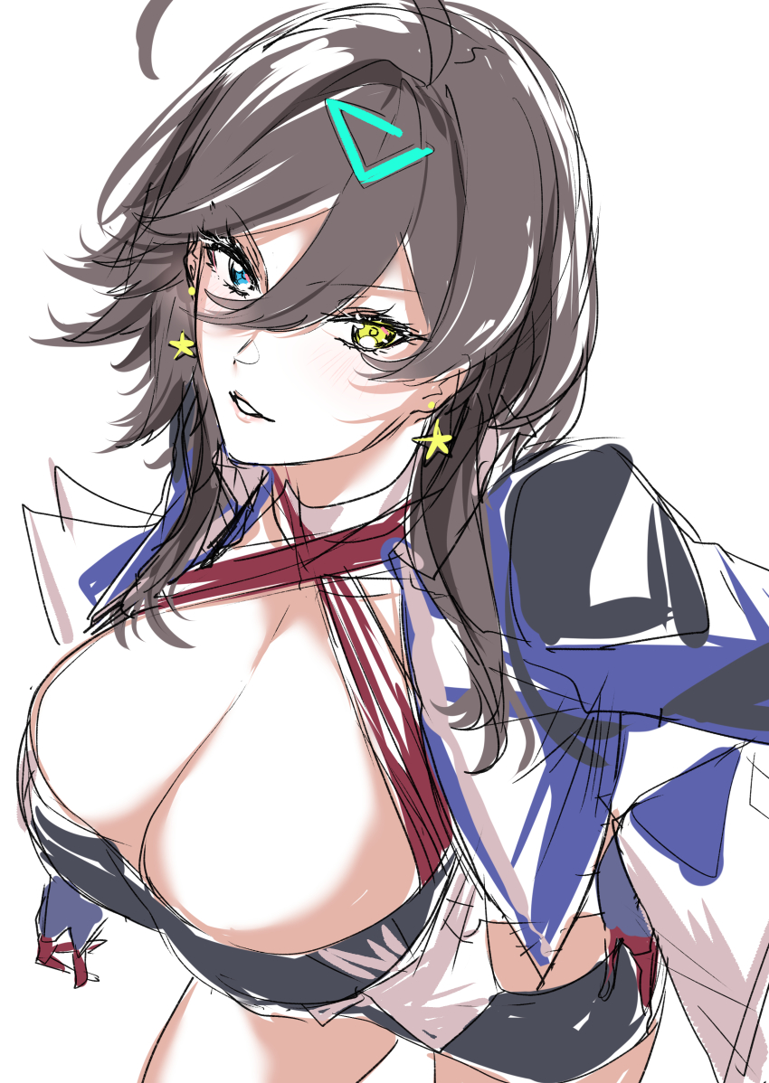1girl absurdres ahoge azur_lane breasts brown_hair cleavage copyright_request earrings from_above georgia_(azur_lane) gloves hair_ornament heterochromia highres jacket jewelry large_breasts looking_at_viewer looking_up medium_hair miniskirt mogi_yasunobu parted_lips skirt solo