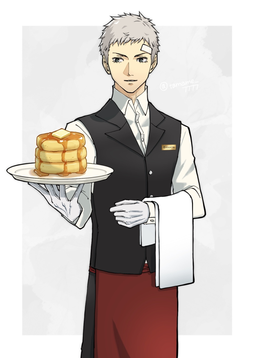1boy apron bandaid bandaid_on_face bandaid_on_forehead black_pants black_vest border butler butter collared_shirt commentary_request cowboy_shot dripping food gloves grey_background grey_hair highres holding holding_plate long_sleeves male_focus outside_border pancake pancake_stack pants parted_lips persona persona_3 plate red_apron sanada_akihiko shirt solo syrup tamame_7777 twitter_username vest waist_apron white_border white_gloves white_shirt