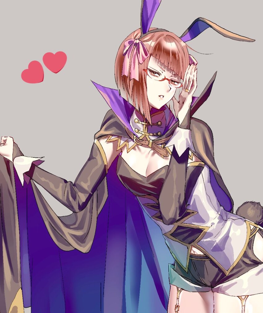 1girl alternate_costume animal_ears belt breasts cape cleavage diagonal_bangs fire_emblem fire_emblem_awakening garter_straps glasses heart highres looking_at_viewer midriff_peek miriel_(fire_emblem) nintendo popped_collar rabbit_ears rabbit_tail red-framed_eyewear red_hair shorts simple_background small_breasts solo standing tail thighs tsujii_luki