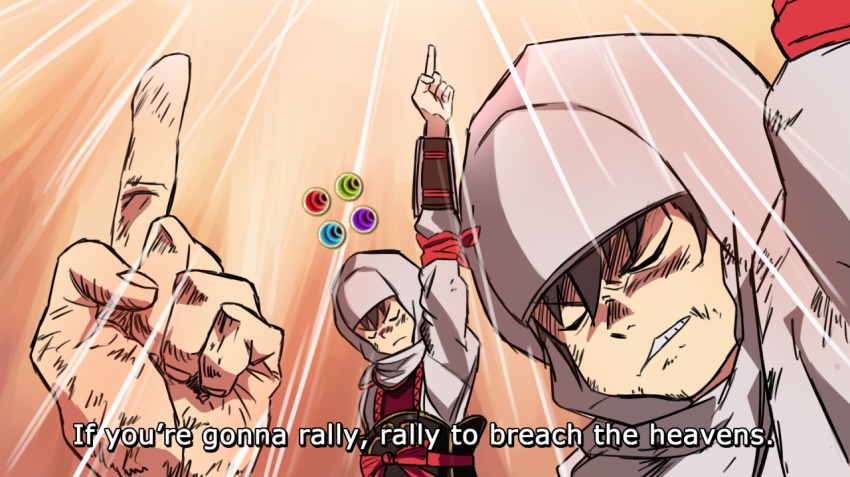 00s 1boy bow brown_hair cryopon closed_eyes fire_emblem fire_emblem_fates hood injury kamina_pose male_focus master_of_arms nintendo pointing pointing_up solo teeth tengen_toppa_gurren_lagann