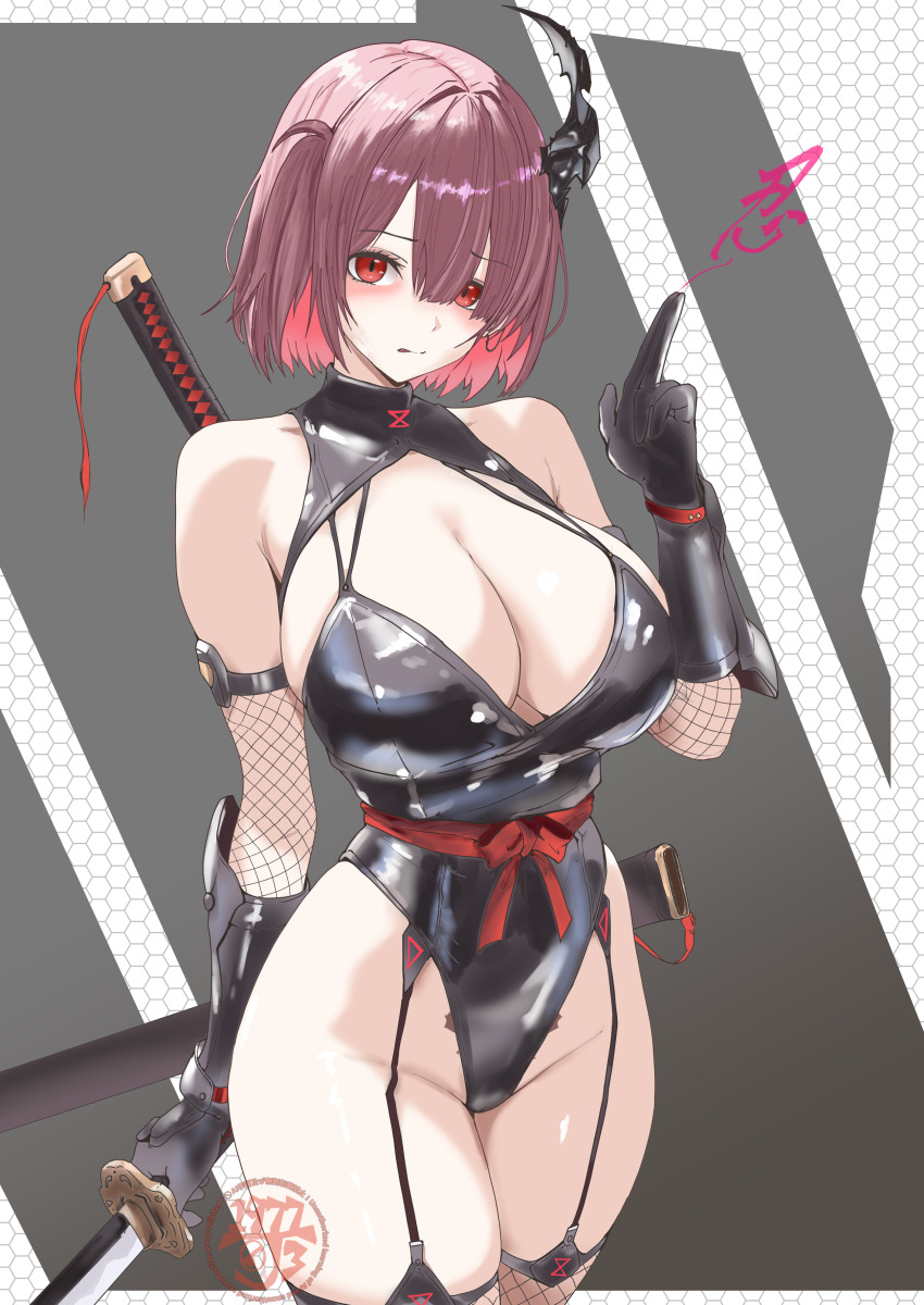1977_oj3 1girl absurdres arm_guards bare_shoulders black_gloves black_leotard blush breasts cleavage colored_inner_hair cowboy_shot curvy elbow_gloves embarrassed fishnet_gloves fishnet_thighhighs fishnets garter_straps gloves goddess_of_victory:_nikke grey_background highleg highleg_leotard highres holding holding_sword holding_weapon honeycomb_(pattern) horns katana kuji-in large_breasts leotard looking_at_viewer multicolored_hair ninja pubic_tattoo red_eyes red_hair red_ribbon revealing_clothes ribbon sheath shiny_clothes shiny_skin short_hair single_horn solo standing sword tattoo thighhighs thong_leotard weapon weapon_on_back wide_hips ziz_(nikke)