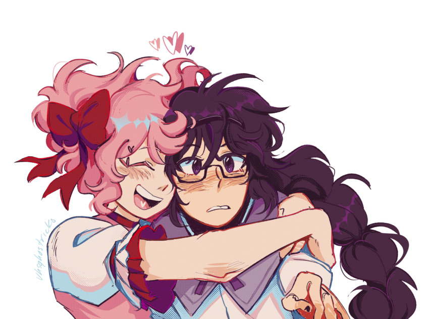 2girls ^_^ akemi_homura akemi_homura_(magical_girl) artist_name blush bow braid closed_eyes couple embarrassed glasses hair_bow heart highres hug kaname_madoka kaname_madoka_(magical_girl) long_hair magical_girl mahou_shoujo_madoka_magica mahou_shoujo_madoka_magica_(anime) multiple_girls open_mouth pink_hair puffy_short_sleeves puffy_sleeves purple_eyes purple_hair red_bow semi-rimless_eyewear short_sleeves short_twintails simple_background smile teeth twintails upper_teeth_only vhsghostricks white_background yuri