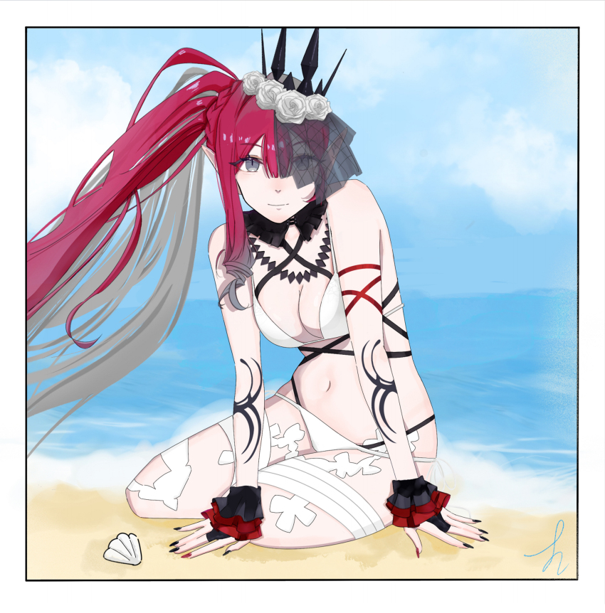 1girl absurdres baobhan_sith_(fate) baobhan_sith_(swimsuit_pretender)_(fate) baobhan_sith_(swimsuit_pretender)_(third_ascension)_(fate) beach bikini breasts bridal_gauntlets cleavage detached_collar fate/grand_order fate_(series) flower grey_eyes hair_flower hair_ornament highres long_hair navel ocean pink_hair pointy_ears sand seashell shell side_ponytail sitting smile solo swimsuit tiara veil white_bikini white_flower yokozuwari zongliu