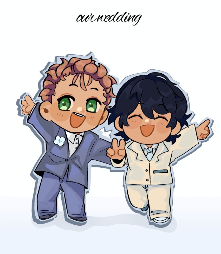 2boys :d artist_self-insert black_hair blue_suit brown_hair chibi chibi_only closed_eyes collared_shirt curly_hair derek_suarez dolpxler double-parted_bangs flower flower_pin formal_clothes full_body green_eyes hair_between_eyes hand_on_another&#039;s_arm highres looking_at_viewer main_character_(our_life) multiple_boys open_mouth our_life our_life:_beginnings_and_always pointing poppy_(flower) shirt short_hair smile standing standing_on_one_leg suit v wedding white_shirt white_suit