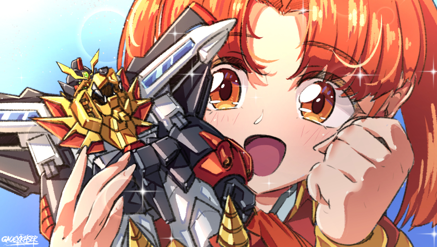 1girl :d artist_name blush brown_eyes clenched_hand commentary derivative_work drill english_commentary gao_ex_kaiser gaogaigar highres holding holding_toy jacket open_mouth orange_hair parted_bangs portrait red_jacket red_ribbon ribbon screenshot_redraw smile solo sparkle toy toy_robot twintails utsugi_mikoto yuusha_ou_gaogaigar yuusha_series