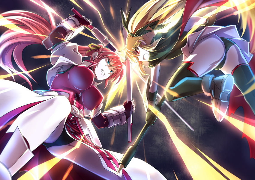 2girls armor ass bad_id bad_pixiv_id bardiche_(nanoha) bardiche_(scythe_form)_(nanoha) battle black_panties blonde_hair blue_eyes boots breasts cape clash clenched_teeth electricity fate_testarossa fate_testarossa_(lightning_form)_(2nd) faulds fingerless_gloves from_below gauntlets gloves hair_ribbon highres jacket laevatein_(nanoha) large_breasts legs long_hair lyrical_nanoha mahou_shoujo_lyrical_nanoha mahou_shoujo_lyrical_nanoha_a&#039;s multiple_girls open_mouth panties pink_hair ponytail puffy_sleeves red_eyes ribbon scythe sheath shumai_(sm318) signum skirt spread_legs sword teeth twintails underwear very_long_hair weapon