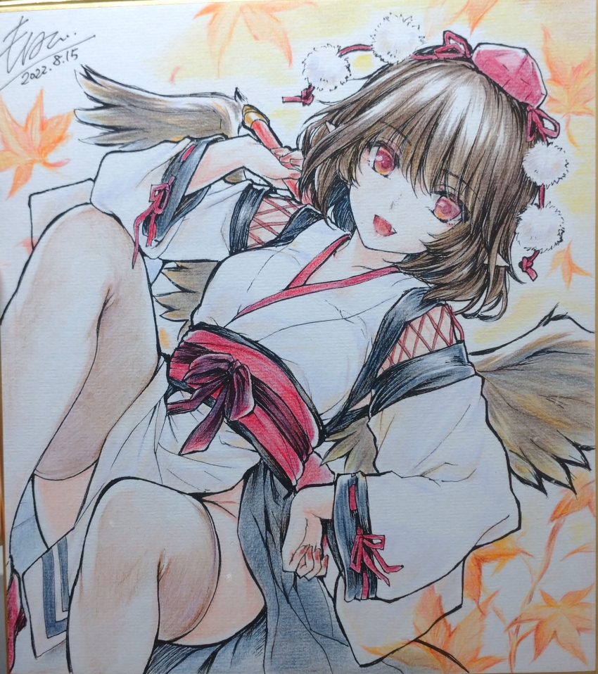 1girl :d absurdres black_thighhighs black_wings colored_pencil_(medium) dated feathered_wings hat highres holding japanese_clothes kimono kourindou_tengu_costume leaf leaf_background long_sleeves looking_at_viewer monety obi open_mouth paw_print_soles pelvic_curtain pointy_ears red_eyes red_hat red_ribbon red_sash ribbon ribbon-trimmed_sleeves ribbon_trim sash shameimaru_aya short_hair signature smile solo thighhighs tokin_hat touhou traditional_media white_kimono wings