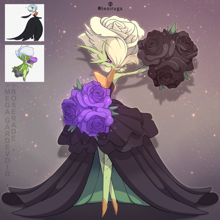 alternate_color artist_name black_dress black_flower black_rose character_name colored_skin dress flower fusion gardevoir gen_3_pokemon gen_4_pokemon green_skin hair_flower hair_ornament highres leoiruga looking_at_viewer mega_gardevoir mega_pokemon nintendo pokemon pokemon_(creature) purple_eyes purple_flower purple_rose reference_inset rose roserade shiny_pokemon smile strapless strapless_dress