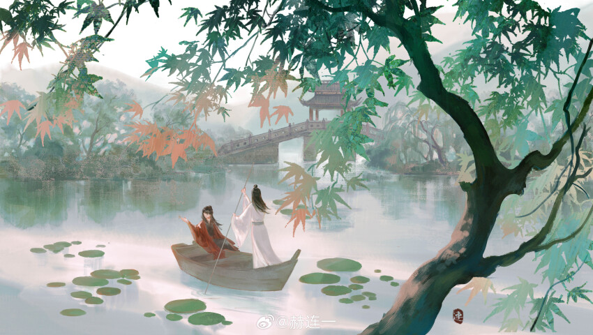 2boys absurdres architecture black_hair black_hanfu boat branch bridge chinese_clothes chinese_commentary coat dao_gui_yi_xian day east_asian_architecture flower hair_bun hand_up hanfu he_lian_yi highres holding holding_stick implied_yaoi lake leaf li_huowang long_hair long_sleeves lotus lotus_leaf male_focus mountain multiple_boys on_boat open_clothes open_coat outdoors red_coat reflection reflective_water ripples river robe sash scenery single_hair_bun sitting standing stick tree water watercraft watermark weibo_watermark white_hanfu wide_sleeves zhuge_yuan