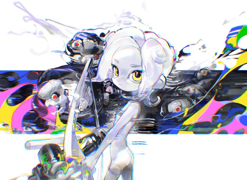 1girl :/ agent_8_(splatoon) bare_shoulders battering_lento bodysuit bow_(weapon) chinese_commentary chromatic_aberration closed_mouth colored_skin commentary_request from_side gradient_hair grey_hair highres holding holding_bow_(weapon) holding_weapon jelleton jio022 letterboxed looking_at_viewer looking_back marching_andante multicolored_background multicolored_hair nintendo octoling octoling_girl octoling_player_character order_stringer_(splatoon) outside_border paint_on_fingers sleeveless sleeveless_bodysuit solo splatoon_(series) splatoon_3 splatoon_3:_side_order suction_cups swarming_languendo tentacle_hair two-tone_hair weapon white_bodysuit white_hair white_skin yellow_eyes
