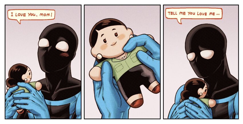1boy 3koma blush border character_doll comic commentary debbie_grayson doll english_commentary english_text full_mask gradient_background highres holding holding_doll invincible_(series) male_focus mark_grayson masked_mark rob_kuma4 sad simple_background smile solo speech_bubble toned toned_male white_border