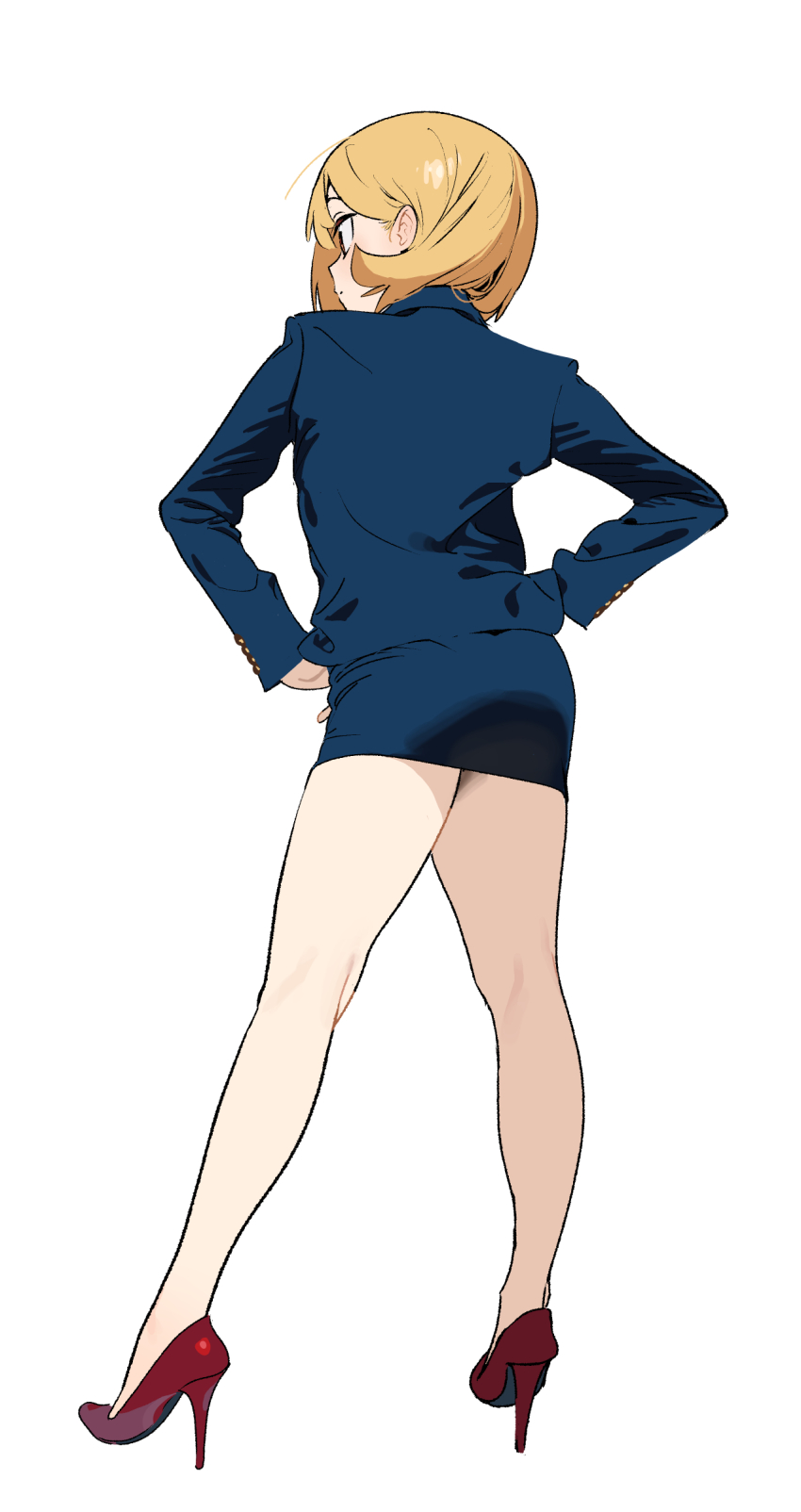 1girl absurdres blonde_hair blue_skirt commentary_request from_behind full_body hands_on_own_hips high_heels highres legs no_legwear office_lady original pencil_skirt sekoshi_(some1else45) short_hair simple_background skirt solo some1else45 stiletto_heels thighs white_background