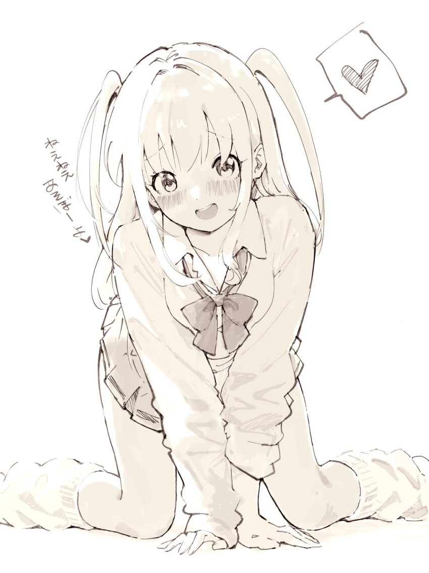 1girl :d arm_support blush bow bowtie collared_shirt heart highres kajino_(aosansai) kneehighs kneeling long_hair looking_at_viewer loose_bowtie loose_socks monochrome nemoto_hina open_mouth pleated_skirt school_uniform shirt skirt smile socks solo spoken_heart teeth translation_request two_side_up upper_teeth_only watashi_ga_motenai_no_wa_dou_kangaetemo_omaera_ga_warui!