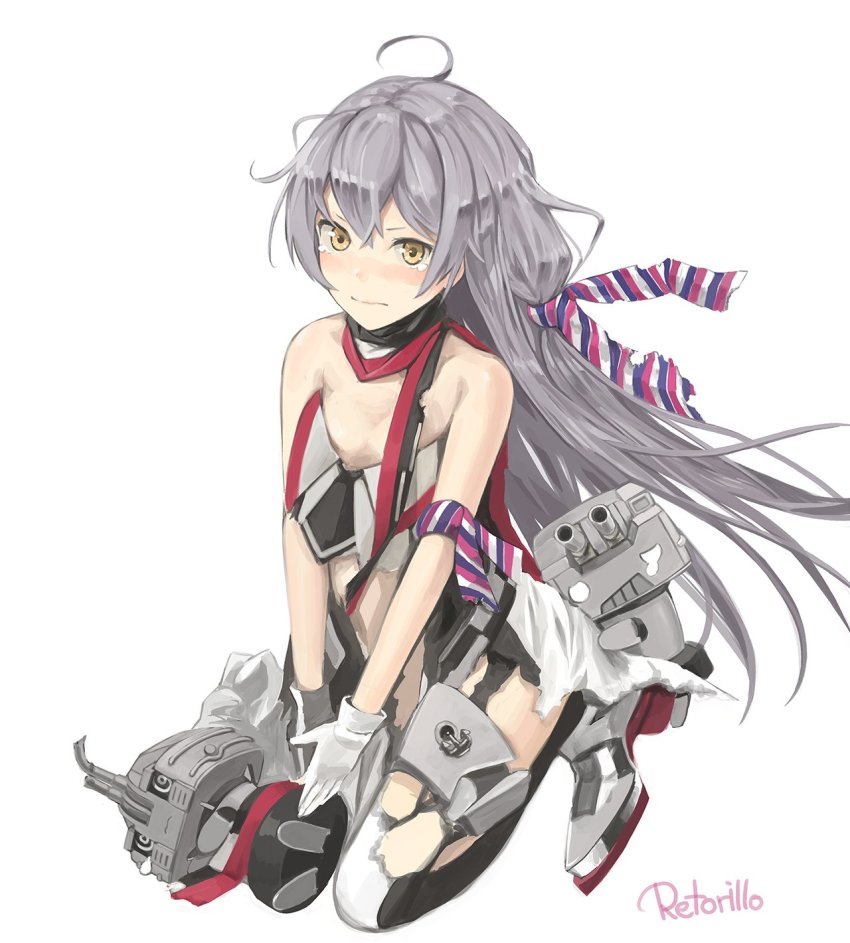 1girl amatsukaze_(kancolle) armband artist_name bare_shoulders blush chou-10cm-hou-chan chou-10cm-hou-chan_(akizuki&#039;s) chou-10cm-hou-chan_(hatsuzuki&#039;s) commentary_request cosplay dress garter_straps gloves hair_between_eyes highres kantai_collection long_hair rensouhou-kun retorillo richelieu_(kancolle) richelieu_(kancolle)_(cosplay) rigging rudder_footwear simple_background sleeveless striped tears thighhighs torn_clothes white_background white_gloves yellow_eyes